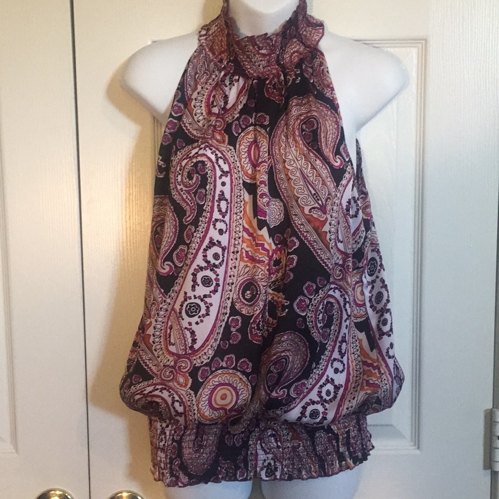 Paisley, sleeveless satin blouse